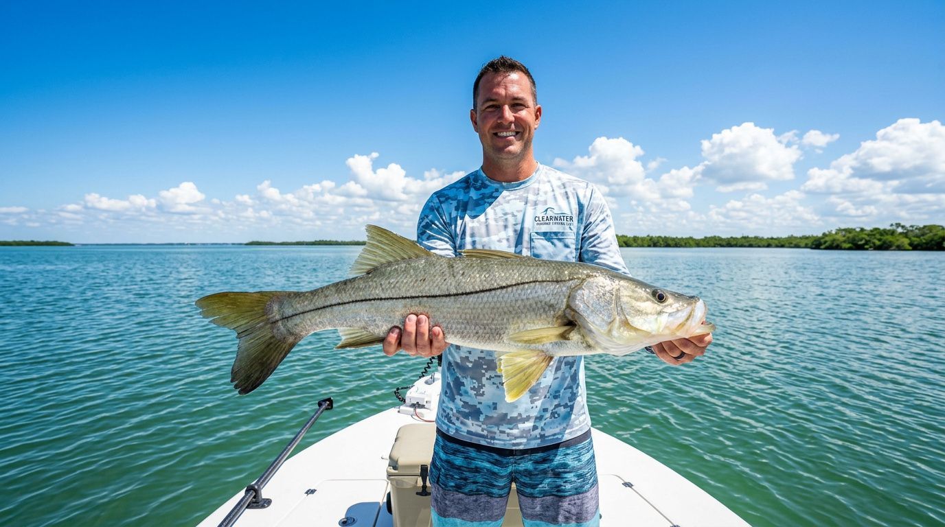 Man holding a large fish on a boat in blue ocean under a sunny sky