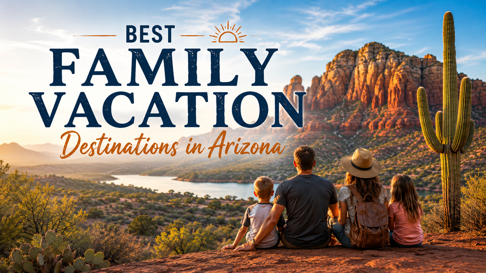 Family vacation poster with two people at a sunset desert overlook and Arizona red rock scenery.
