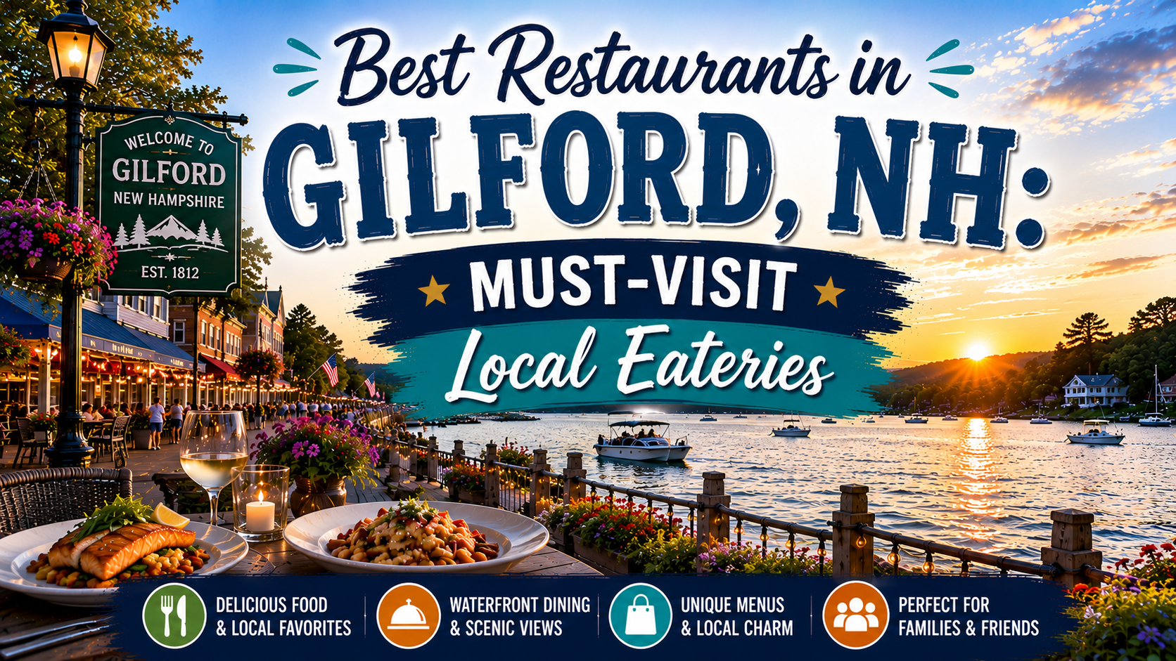 Gilford, NH waterfront dining promo with sunset lake view and “Best Restaurants in Gilford, NH” headline