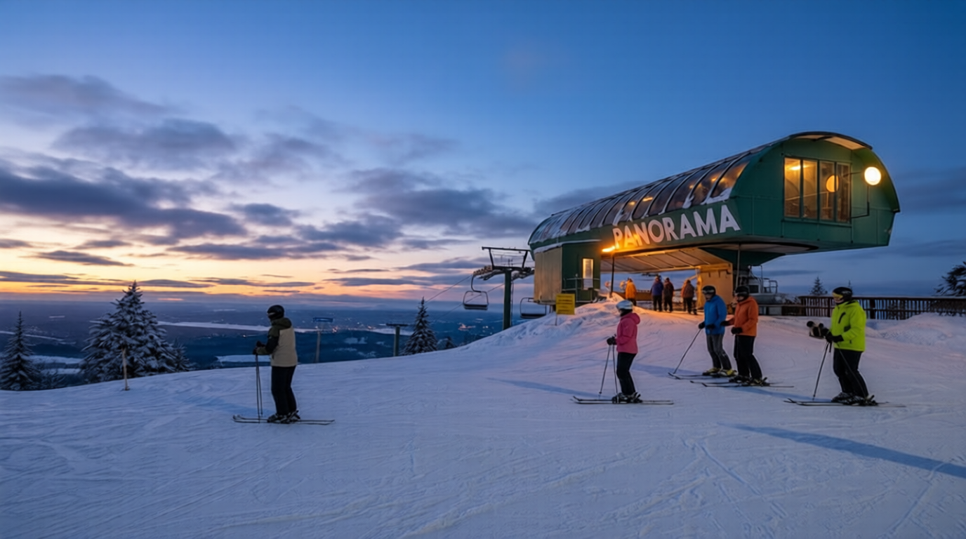 Skiers on a snowy slope at dusk near a lit mountain lodge under a blue-pink sky