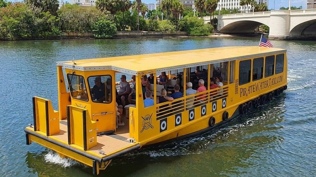 A bright yellow water taxi with passengers aboard cruising on a river under a bridge on a sunny day.