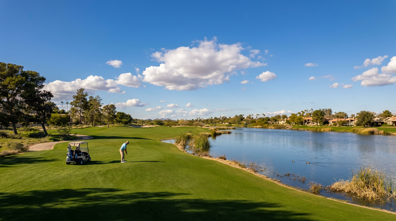 Sunny golf course beside a lake with two people on the fairway and a blue sky with clouds