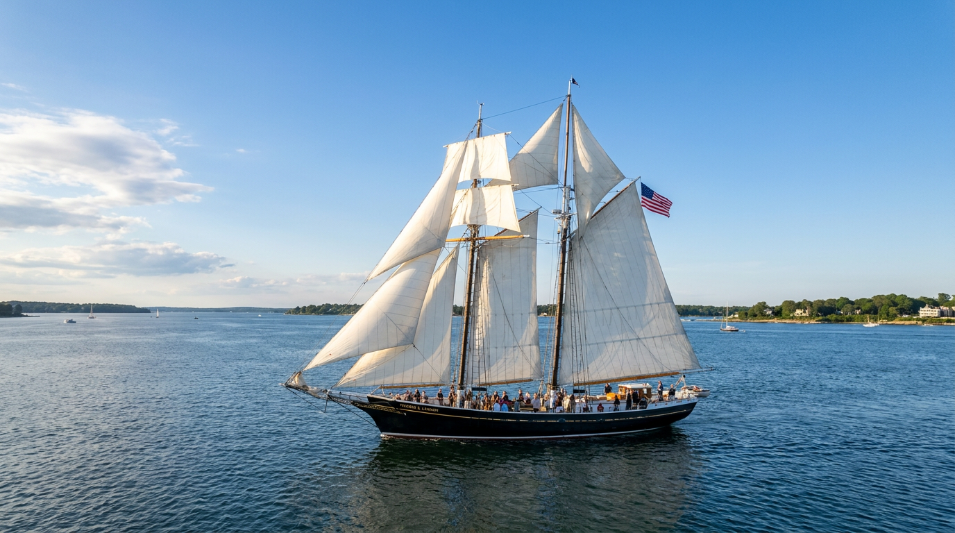 Tall sailing ship with white sails on calm blue water under a clear sky