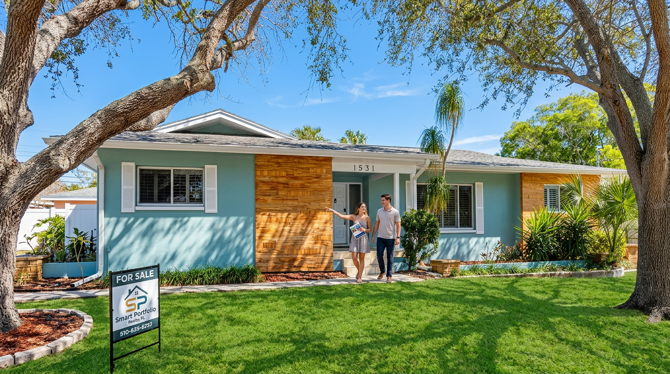 Single-story light blue house with white trim, front lawn, and two people standing by the doorway