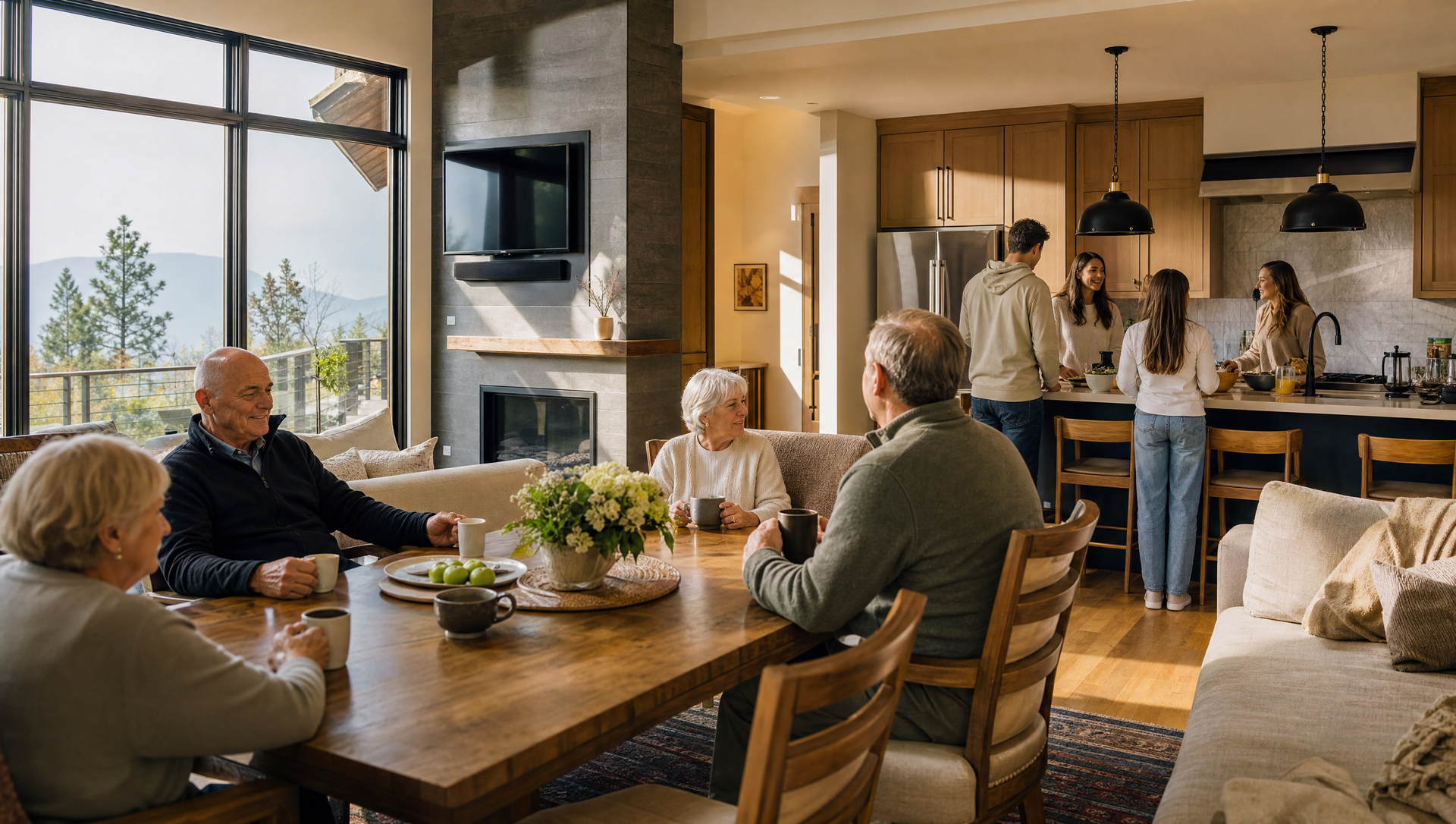 People chatting in a cozy living room and kitchen, with a lake view through large windows.