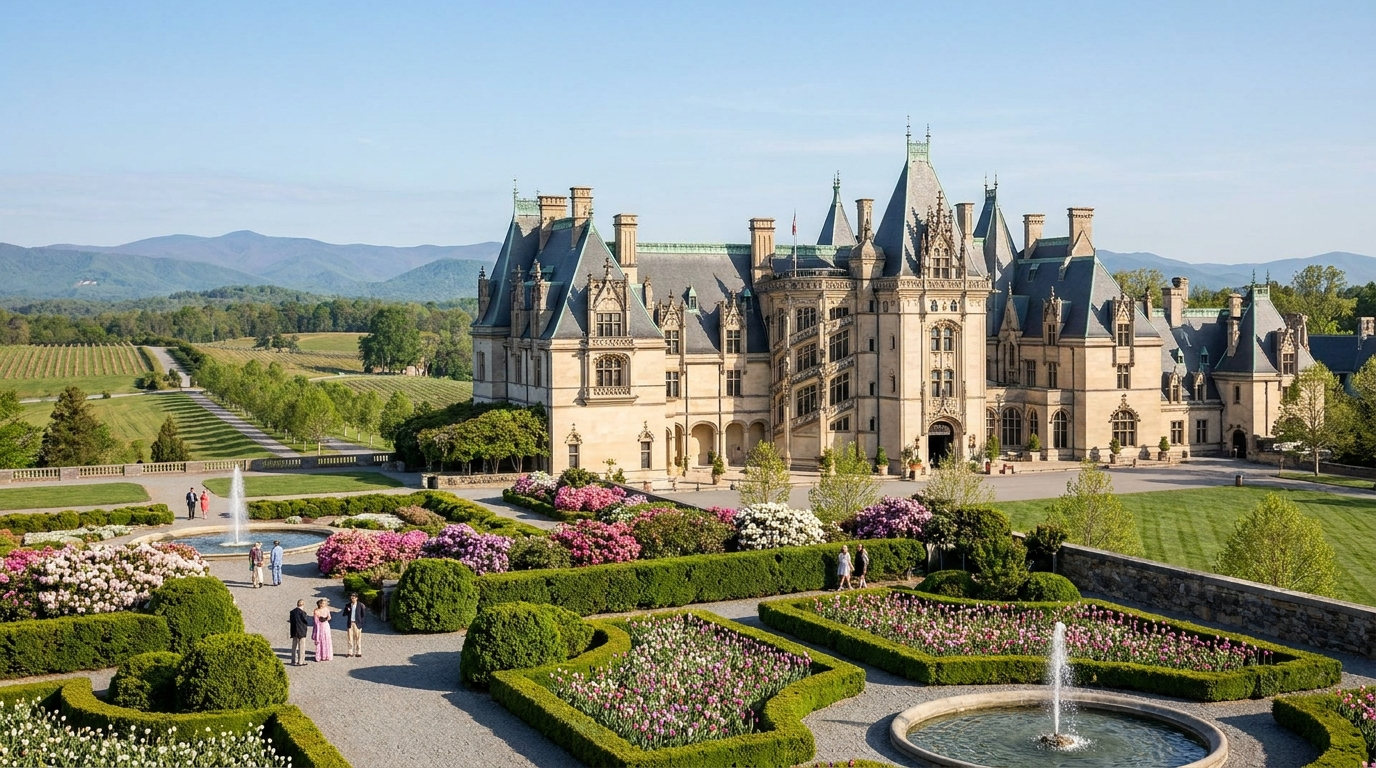 Grand chateau with manicured gardens, fountains, and mountains in the background under a clear sky
