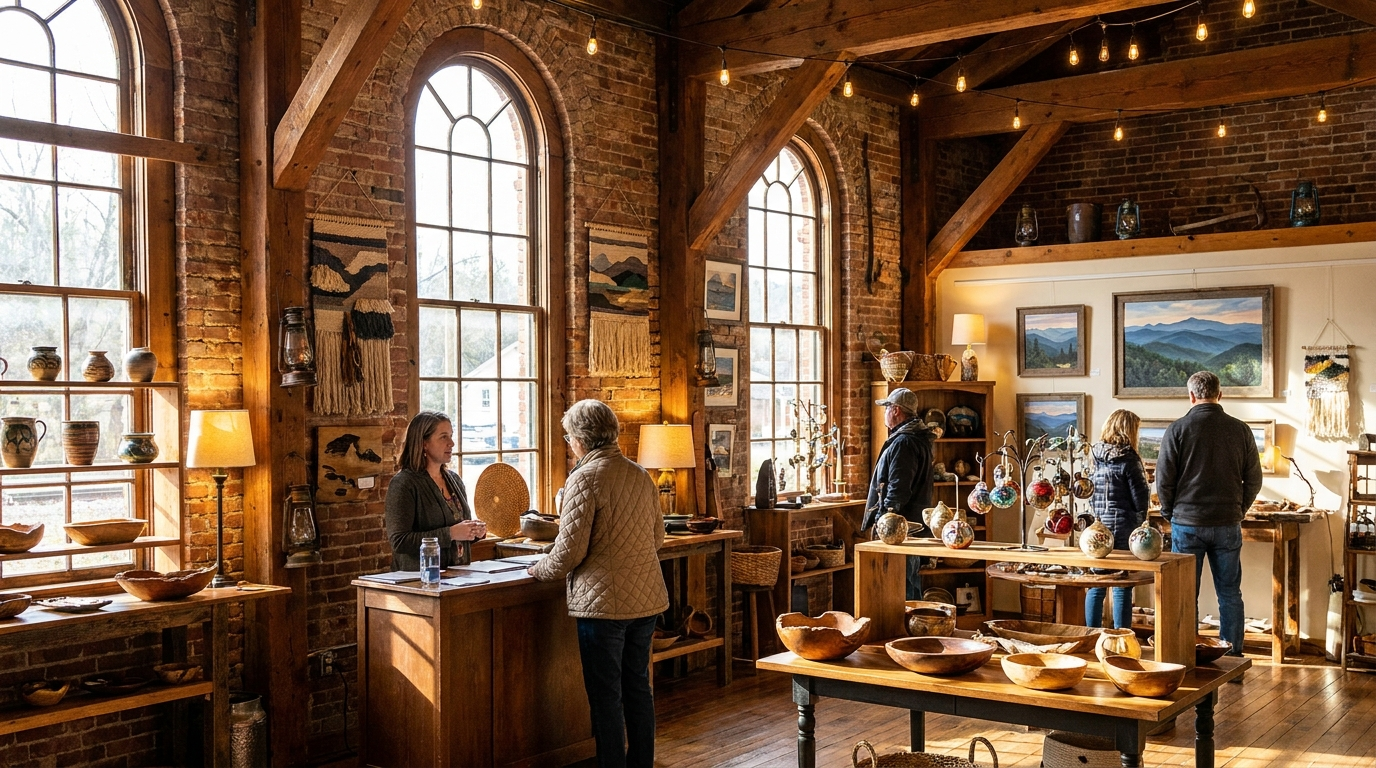 Warm brick interior of an antique shop with large arched windows, wooden tables, and people browsing pottery and decor