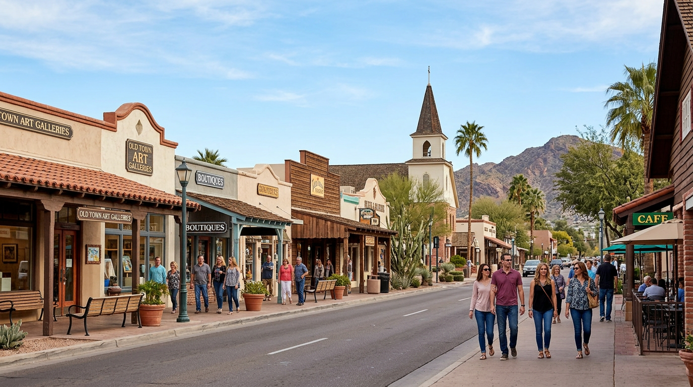 Historic shopping street with storefronts, pedestrians, and a church tower against mountains at sunset
