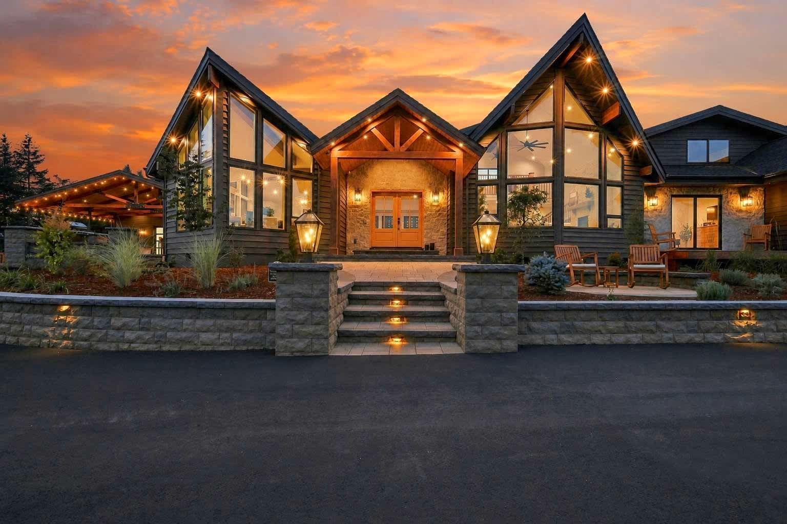 Modern house with large glass windows and warm interior lights at sunset, viewed from the driveway