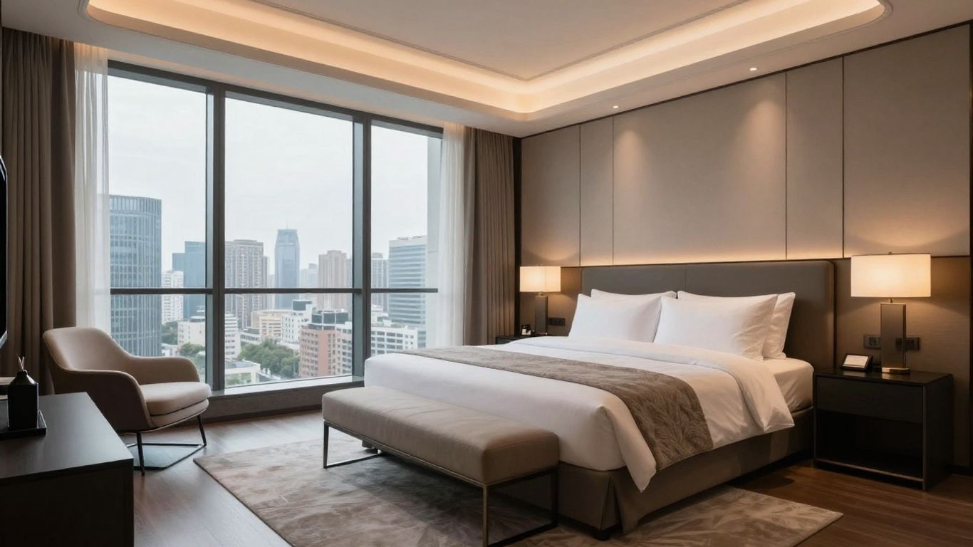 Modern hotel bedroom with king bed, city view, floor-to-ceiling windows, and warm ambient lighting