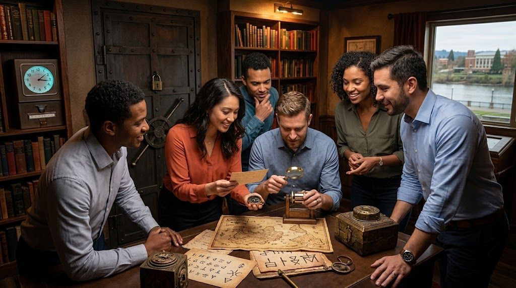 Friends gathered around a tabletop game in a cozy, book-lined room, smiling and leaning in.