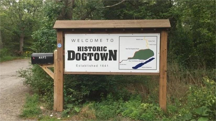 Sign welcoming visitors to Historic Dogtown, established in 1841; map, wooden frame, and mailbox.