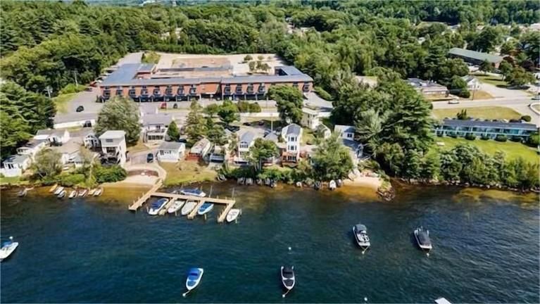 Aerial view of waterfront buildings, boats, docks, and forested area.