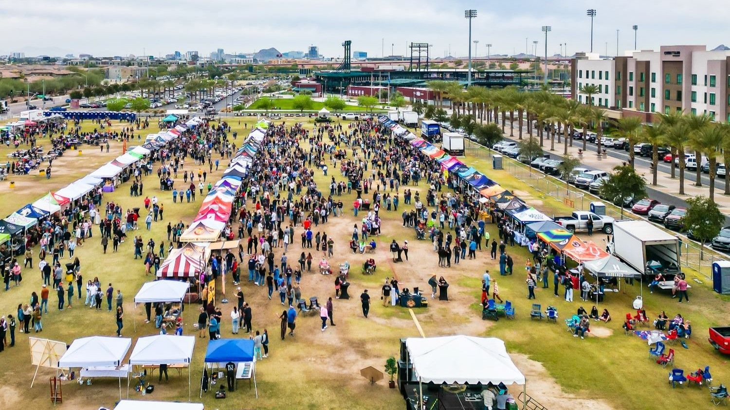 Large outdoor event with many vendors and attendees; tents, grass, buildings in the background.