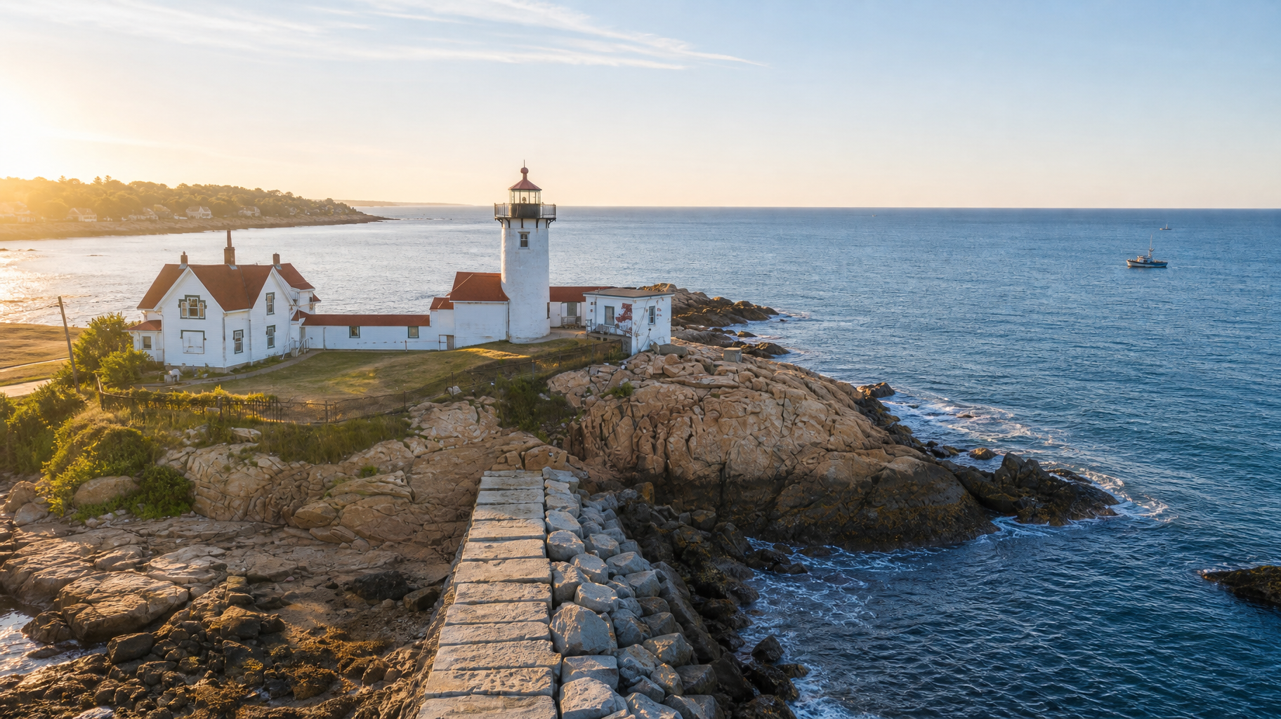 Lighthouse and white buildings on a rocky coastline at sunset, with blue ocean and a stone path