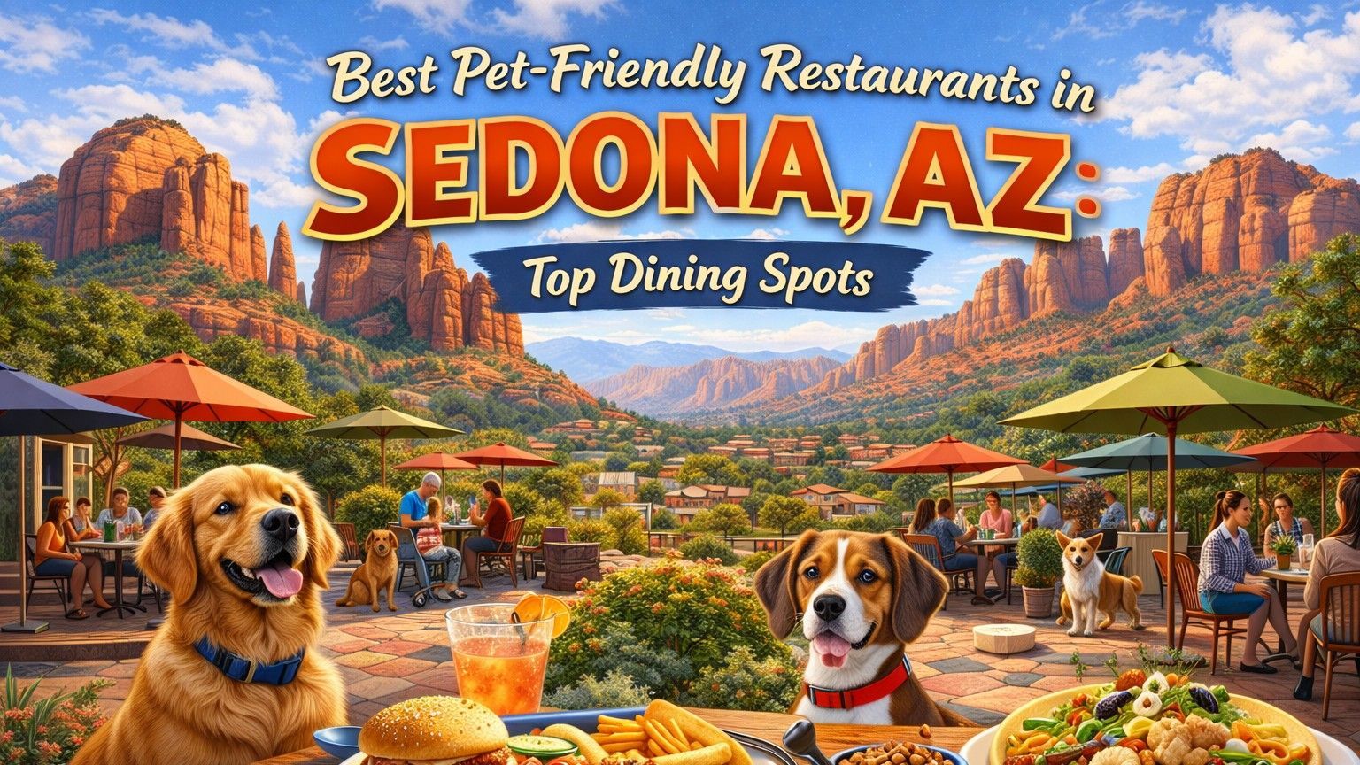 Dogs dining with people at outdoor Sedona restaurants; red rock mountain backdrop.