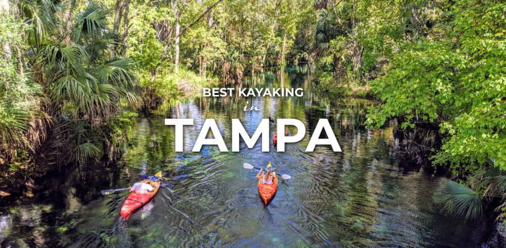 Kayakers on a narrow waterway surrounded by lush green trees; text overlay reads 