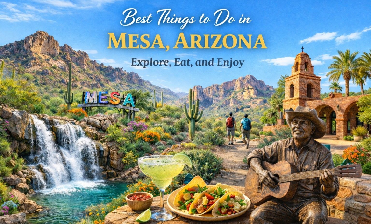Scenic Mesa, Arizona, promotional graphic with waterfall, mountains, food, and statue.