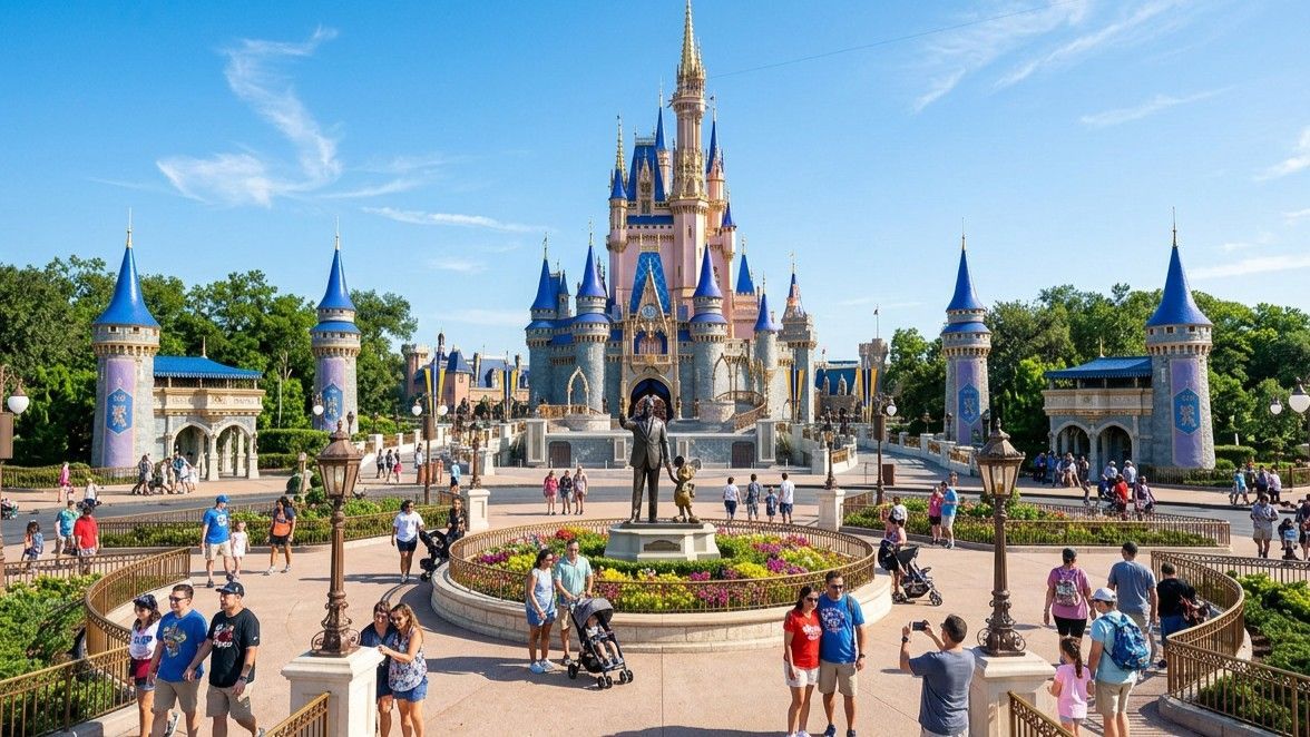 Disney castle at a theme park with crowds, blue sky, and colorful flags in front