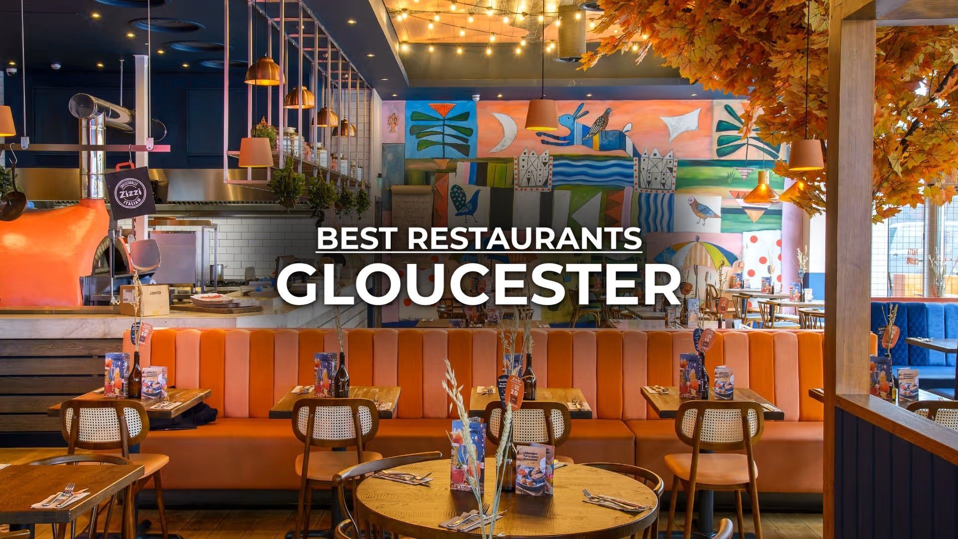 Colorful restaurant interior with text