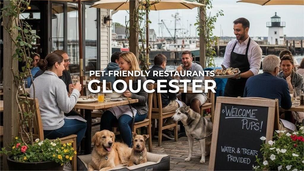 Pet-friendly restaurant in Gloucester with outdoor seating, people dining, and dogs lounging. A server carries food.