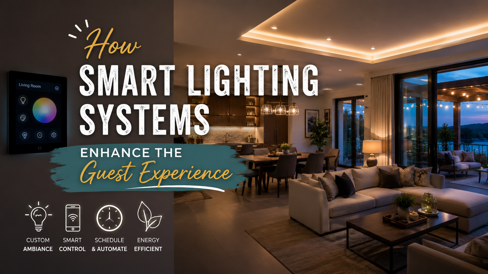 Smart lighting systems ad over modern living room, highlighting enhanced guest experience.