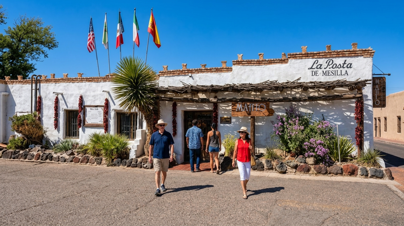 White stucco building with flags and people walking outside in a sunny courtyard