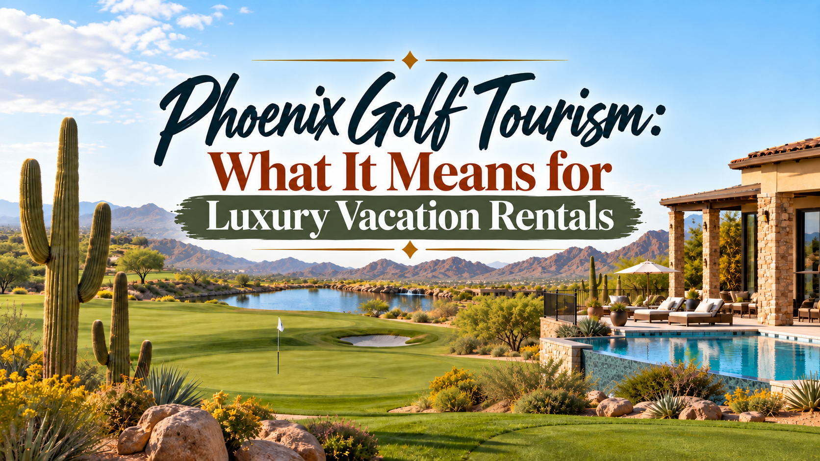 Phoenix golf course and luxury vacation rental pool under a sunset sky, with title text overlay.