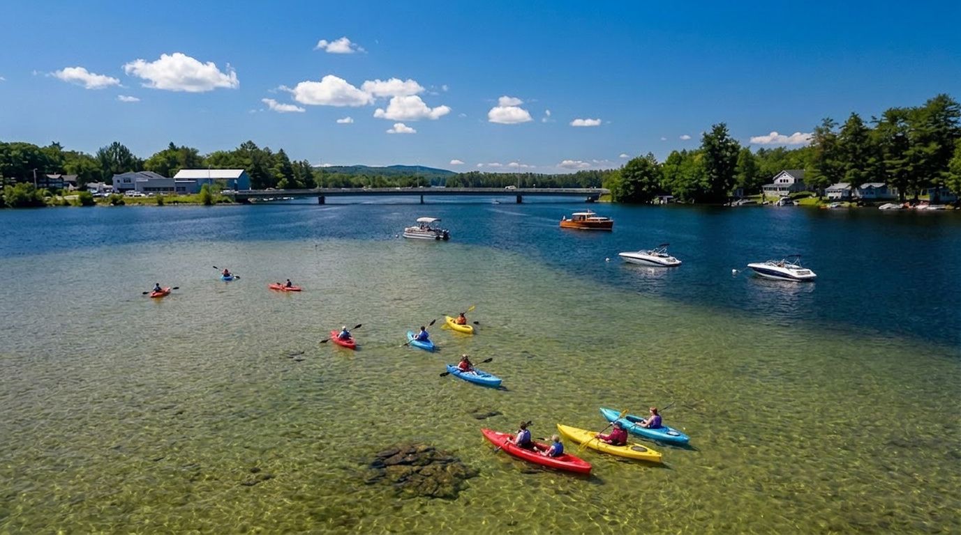 Kayakers paddling on a clear lake near a bridge, with boats and swimmers under a sunny blue sky