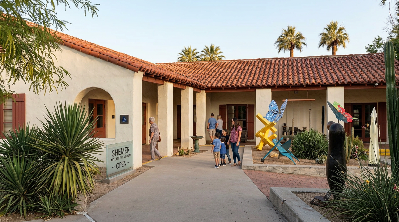 Courtyard entrance to a Spanish-style building with a few people and colorful sculptures outside