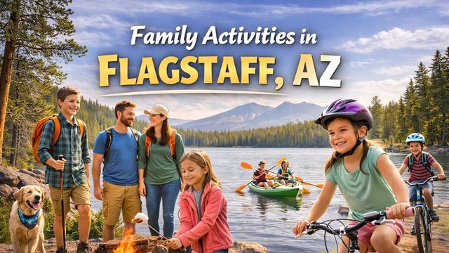 Family enjoying outdoor activities in Flagstaff, AZ. Hiking, kayaking, biking, and roasting marshmallows near a lake.
