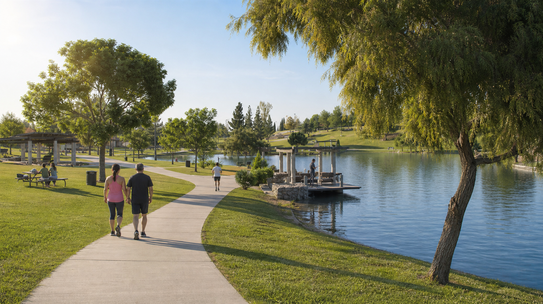 People walking on a park path beside a calm river, with trees, grass, and a dock in warm sunlight.