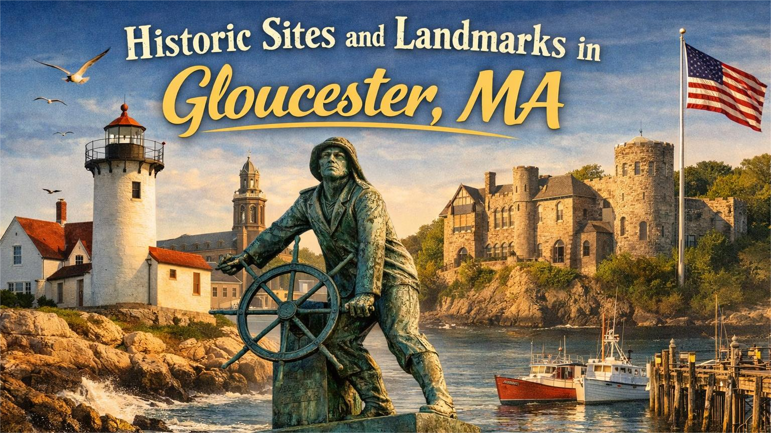 Historic Gloucester, MA scene: Fisherman's Memorial statue, lighthouse, castle, harbor, American flag.