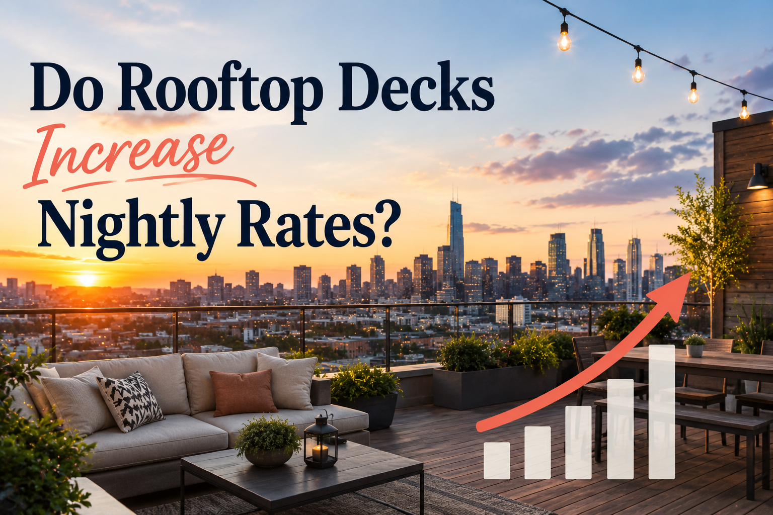 Rooftop deck overlooking a city skyline at sunset with text: “Do Rooftop Decks Increase Nightly Rates?”