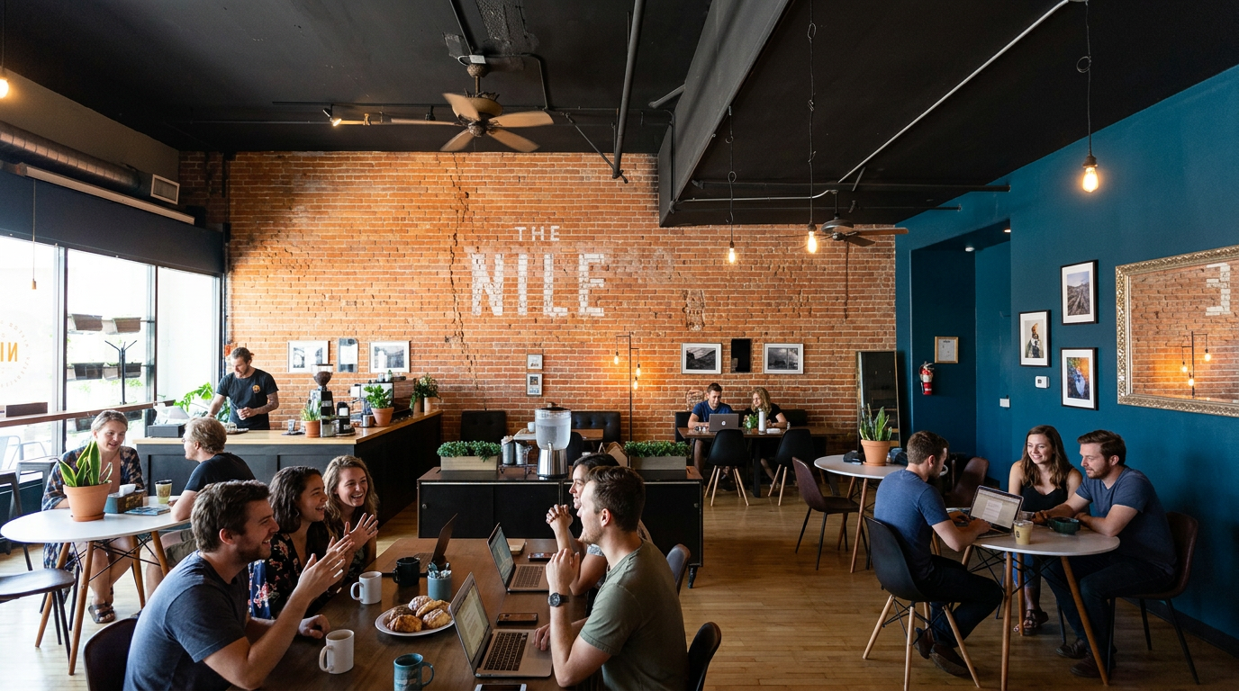 Cafe interior with people seated at tables, brick wall, and warm lighting