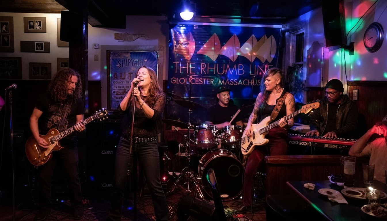 Live band performing on a dimly lit stage with colorful lights in a small club