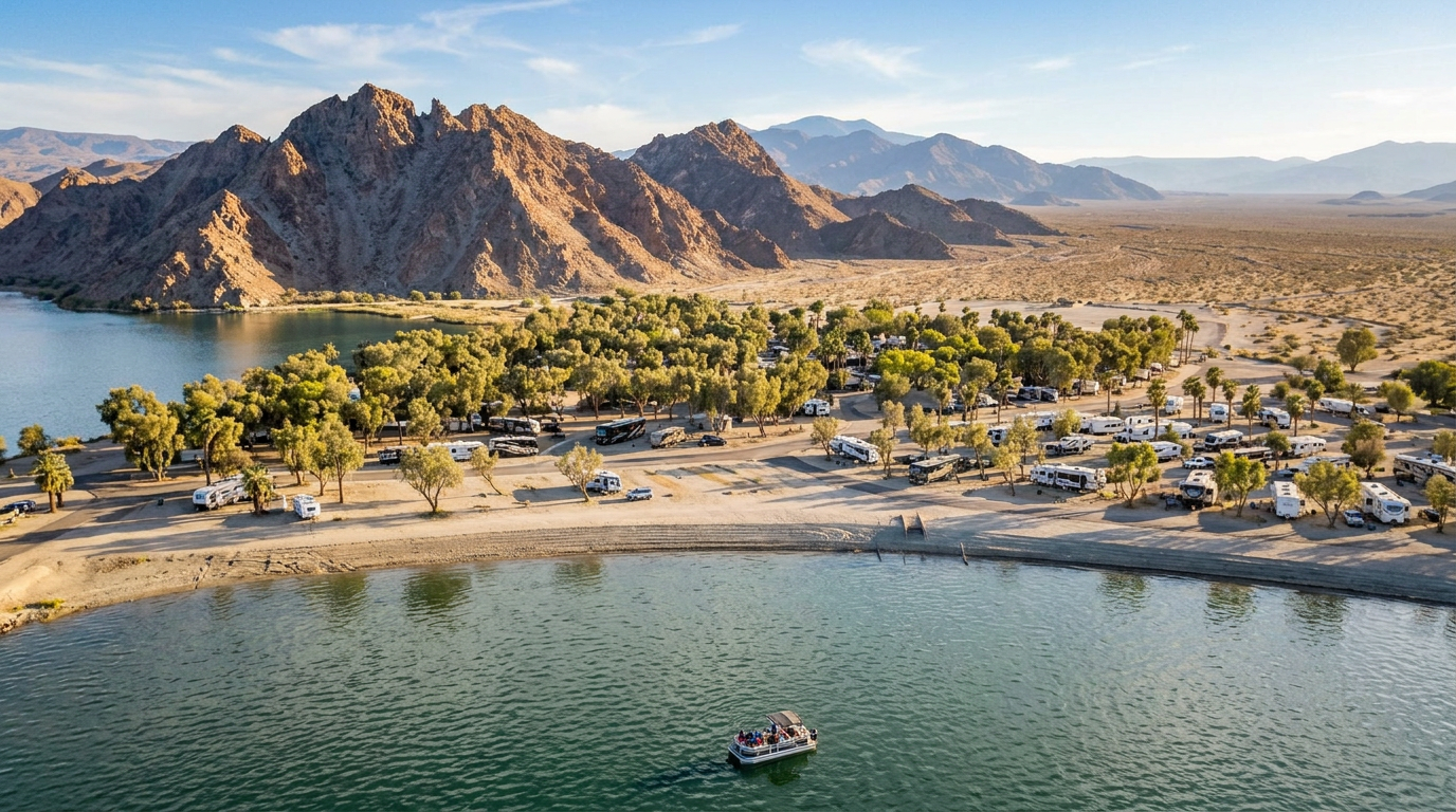 A desert campground with many RVs parked among trees on a peninsula, surrounded by water and rocky mountains.