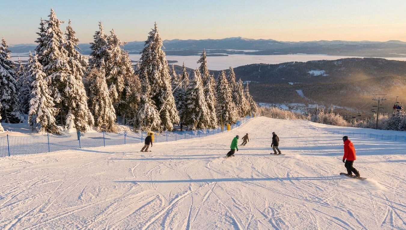 Skiers on a snowy slope beside snow-covered trees under a clear winter sky