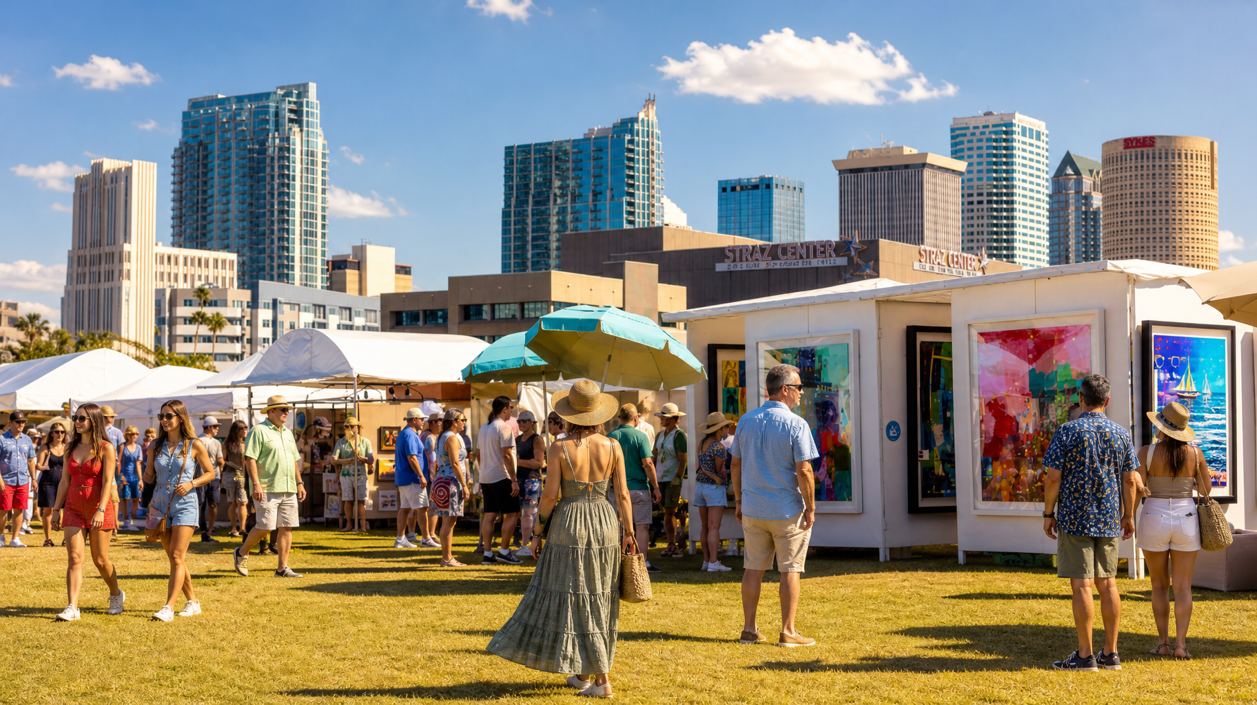 Outdoor art fair with people browsing colorful booths under tents, with city buildings in the background