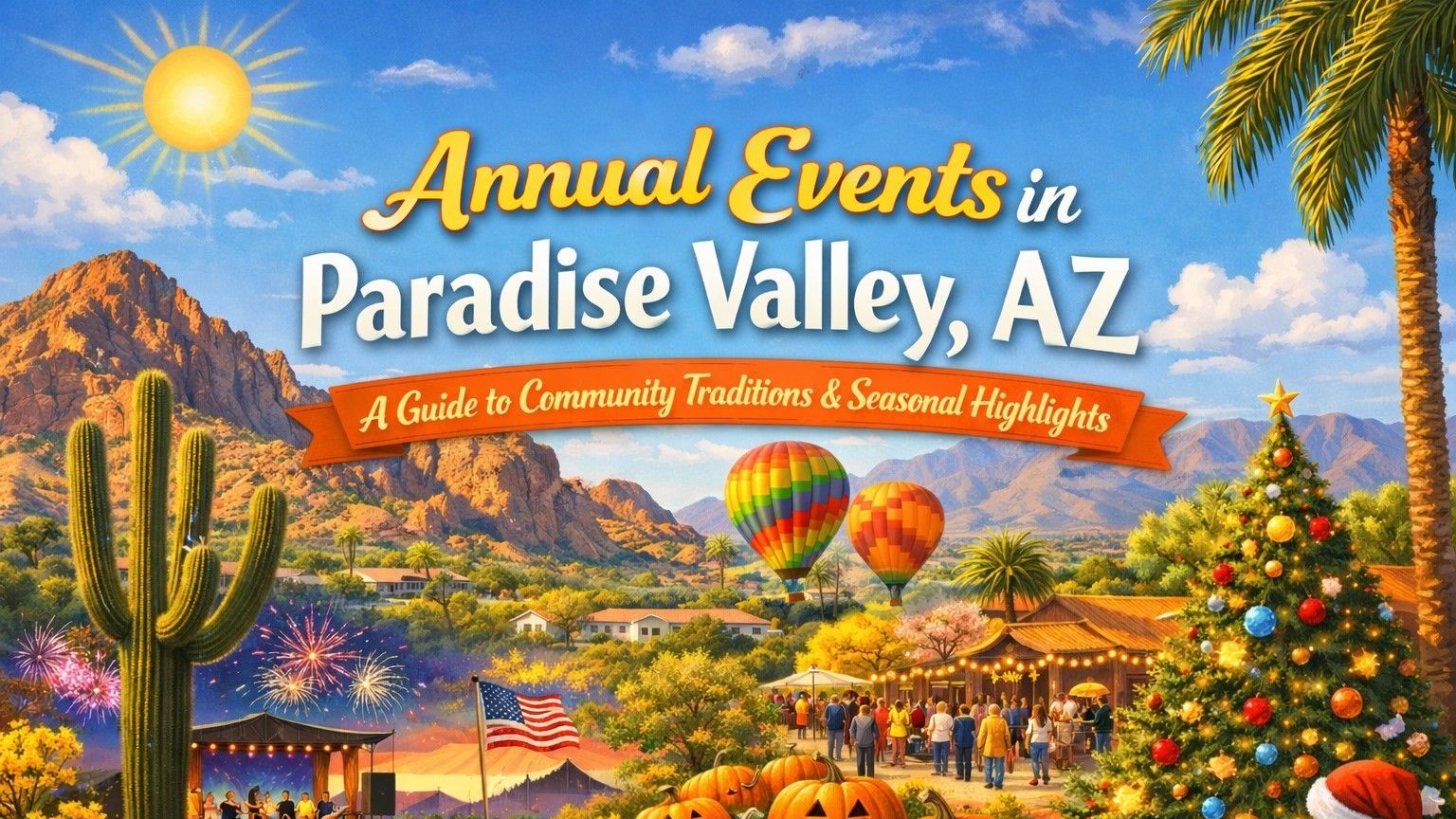 Colorful illustration promoting annual events in Paradise Valley, AZ, with fireworks, hot air balloons, and a Christmas tree.