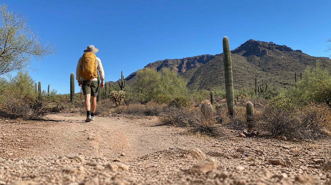 Hiker with yellow backpack walking on a desert trail toward mountains under a clear blue sky
