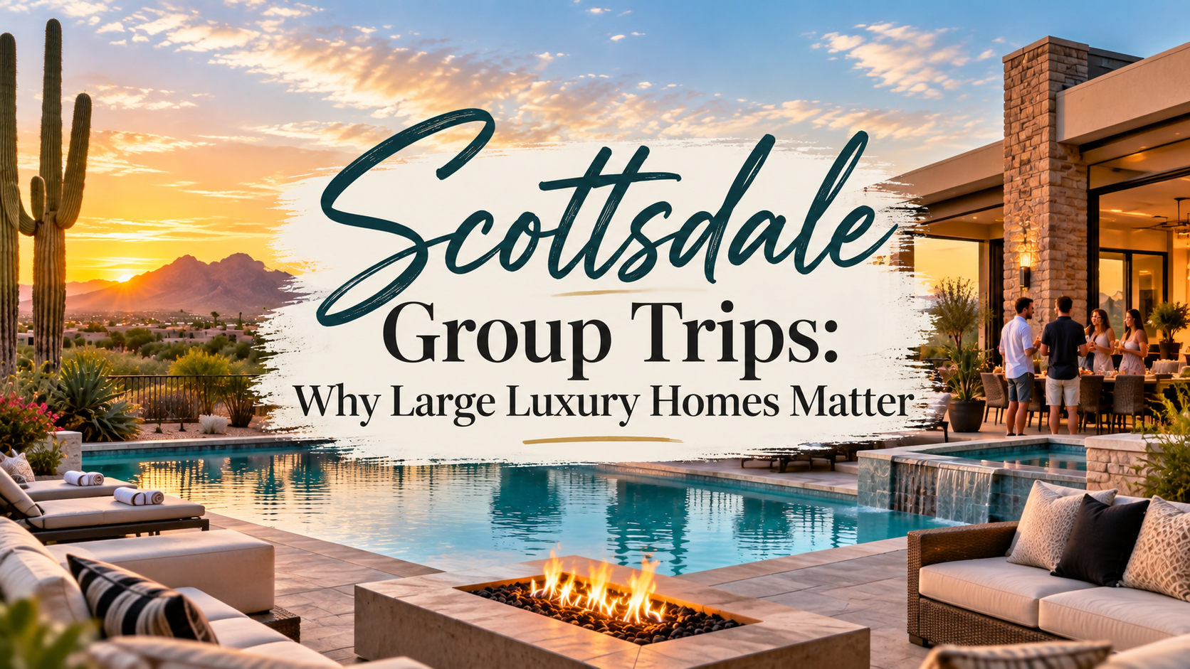 Scottsdale group trip ad with luxury desert home, sunset pool, fire pit, and guests on a patio