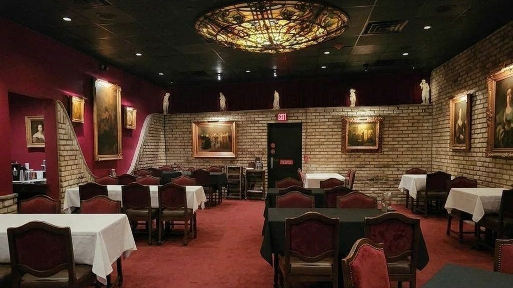 Empty upscale restaurant dining room with white tablecloths, red carpet, and brick walls