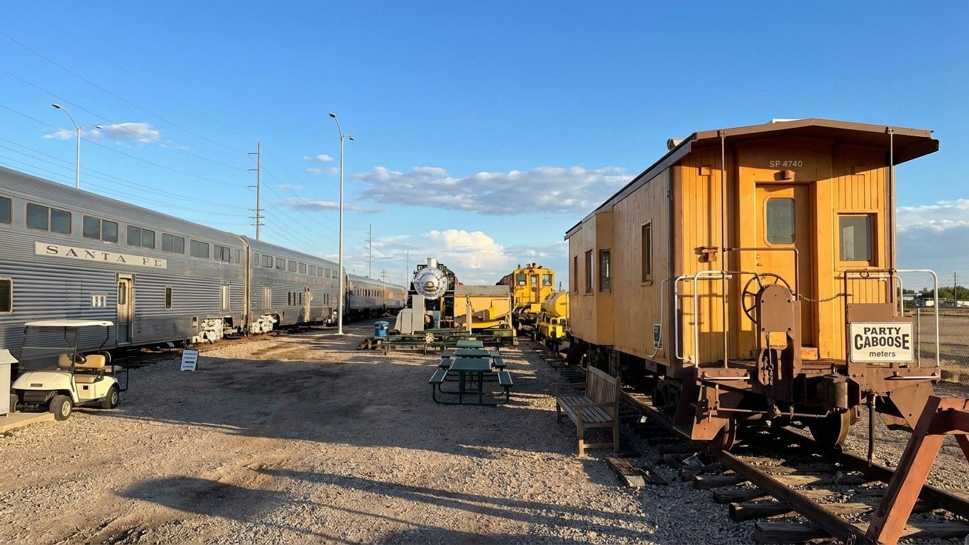 A yellow caboose sits on train tracks next to a large silver passenger car in a gravel train yard under a blue sky.