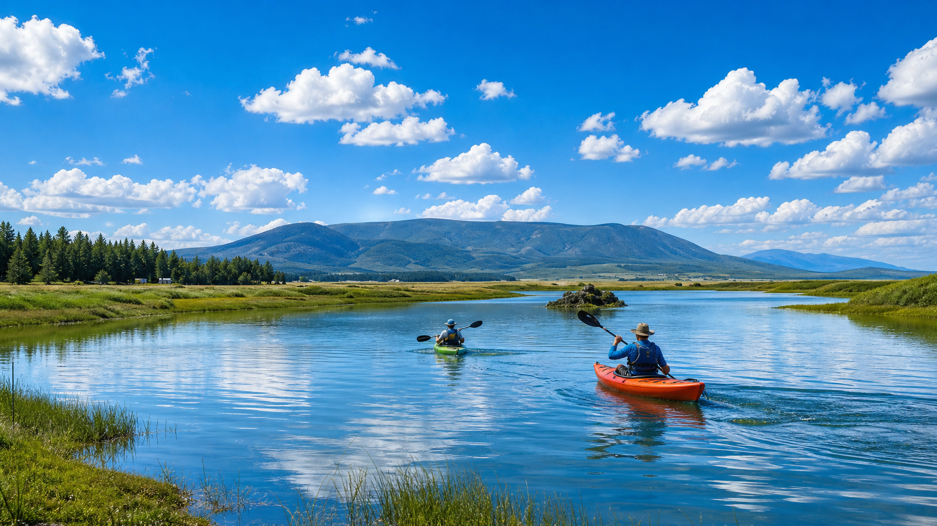 Kayakers on a calm blue river under a bright sky, with mountains and green marshland in the background