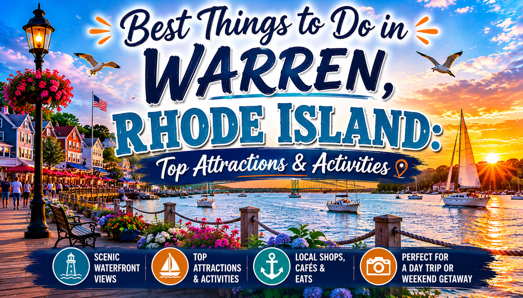 Colorful travel poster for Warren, Rhode Island, featuring waterfront scenery and “Best Things to Do” text.