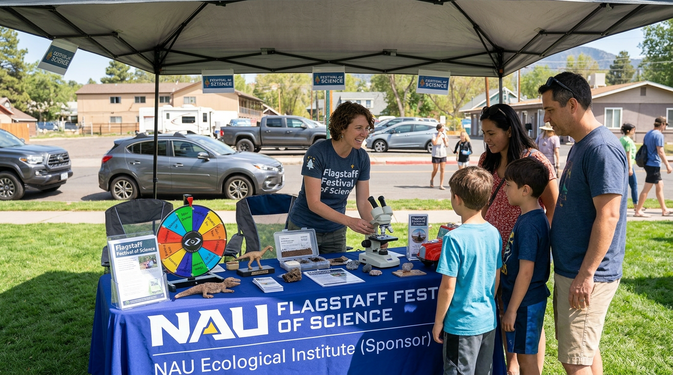 People at a NAU Flagstaff Festival of Science booth under a tent, with a table and colorful displays.