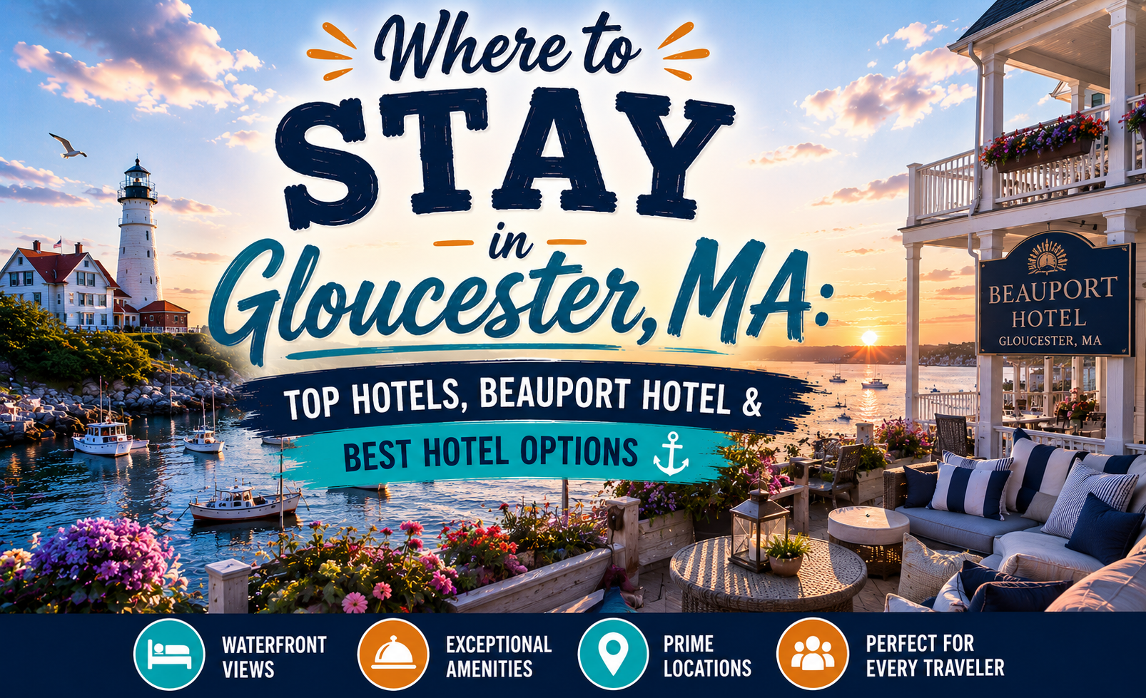 Gloucester, MA hotel guide graphic with lighthouse, waterfront dining, and beachside lodging options
