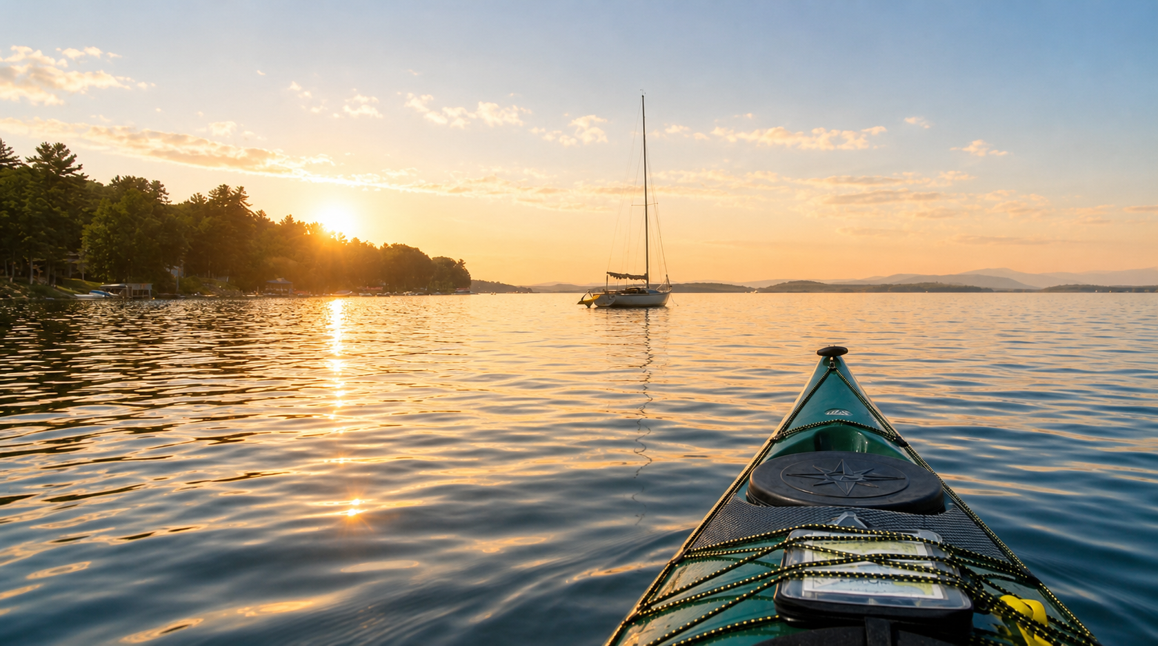 Kayak bow on calm water at sunset, with a sailboat in the distance and golden reflections on the sea