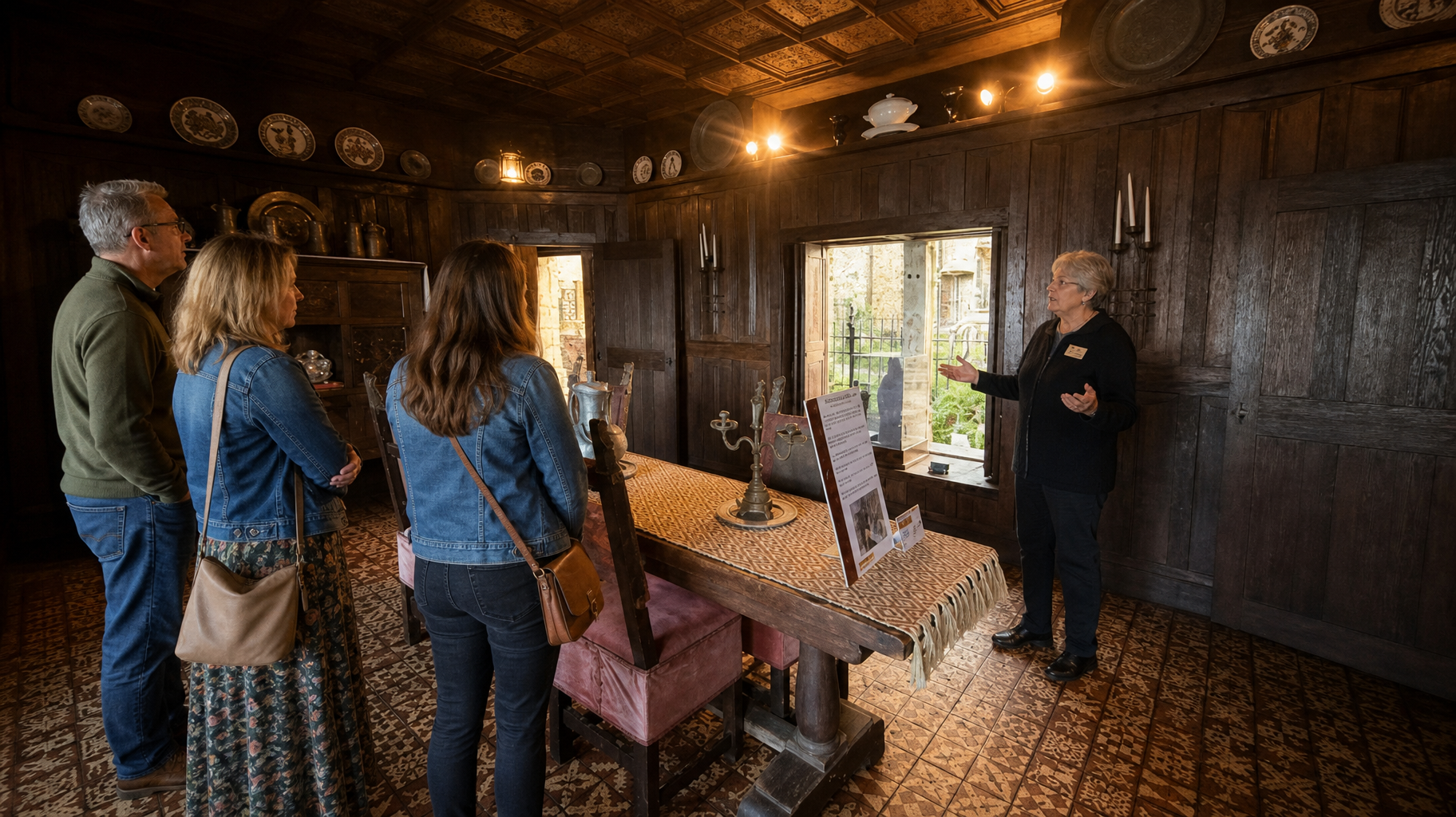 Group listening to a guide inside a dim, wood-paneled room with long table and windows
